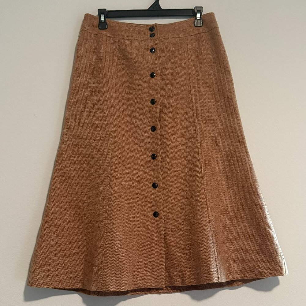 Talbots Midi Skirt Womens 6 Brown Tweed A-Line Wool Academia Office Button Front